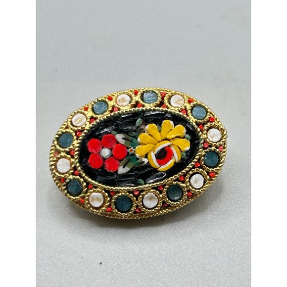 Vintage Italian Mosaic Brooch Red & Yellow Flowers Oval Shaped Gold Tone Metal - Picture 2 of 6